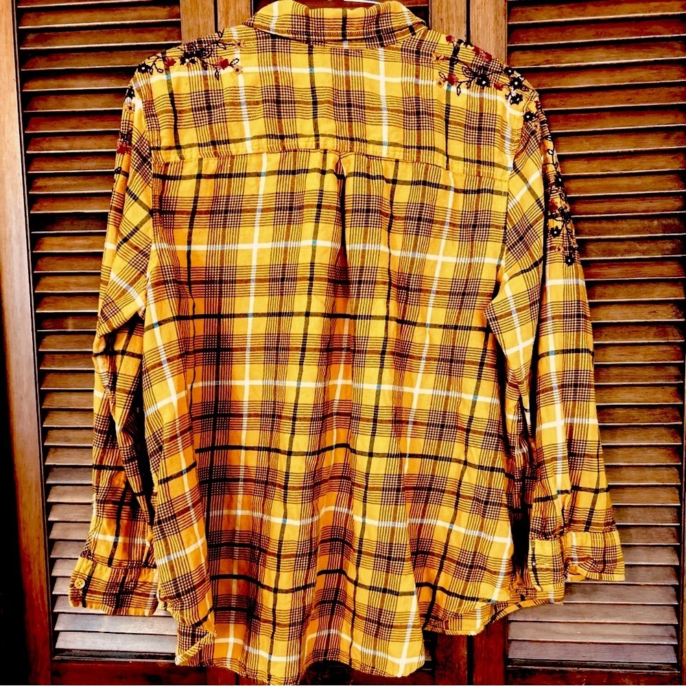 Yellow Plaid Button-Up Shirt with Embroidery - Picture 2 of 11